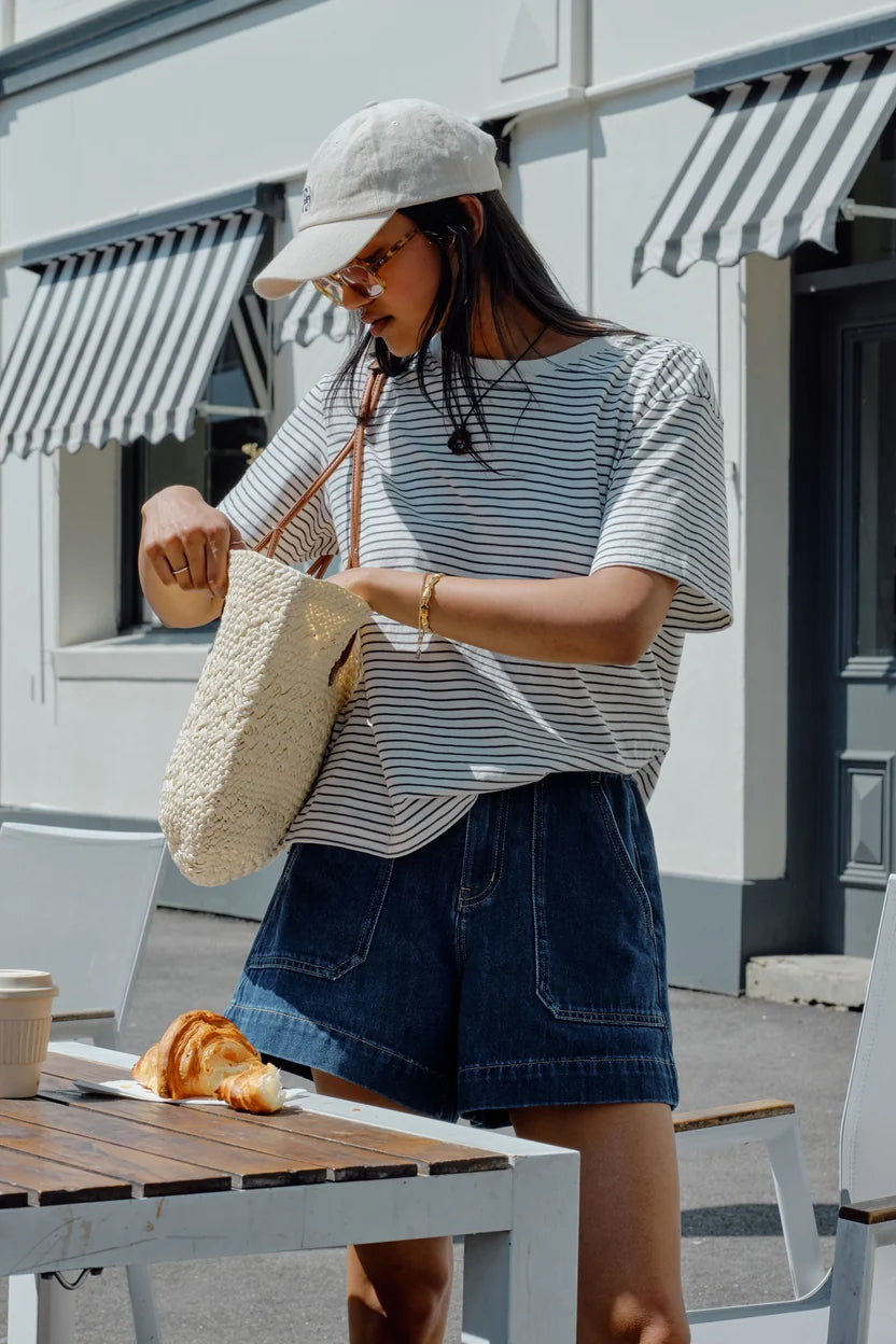 Stevie Slouchy Tee - Milk/Phantom Fine Stripe