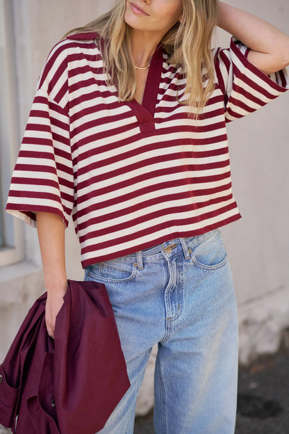 Arlie Short Sleeve - Burgundy/Milk Stripe