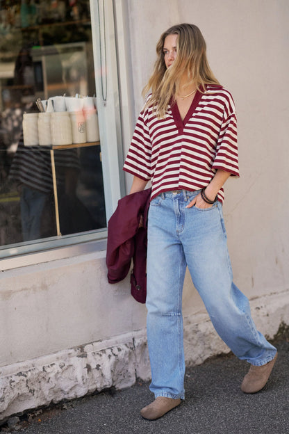Arlie Short Sleeve - Burgundy/Milk Stripe
