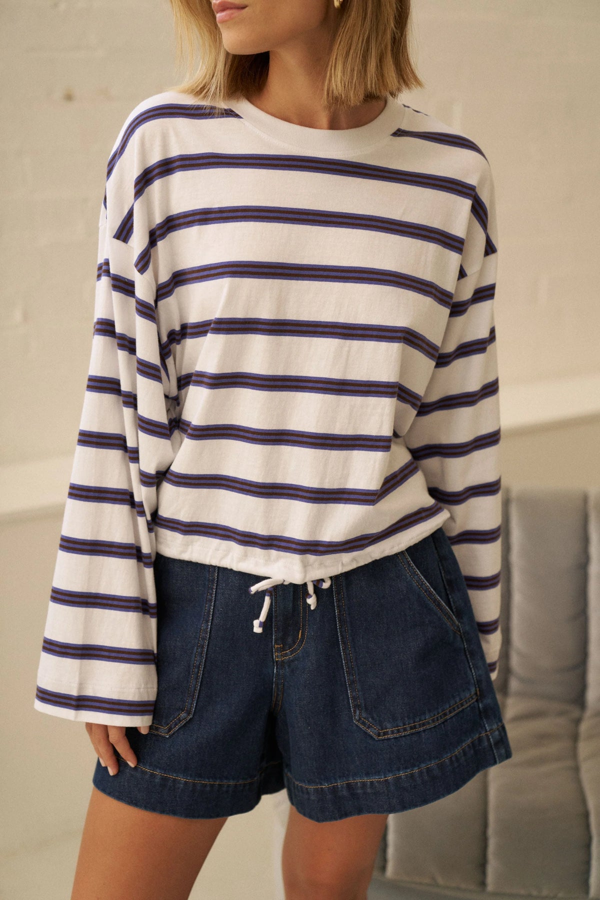 Beau Tie Slouchy Tee - White/Polo/Choc - Stripe