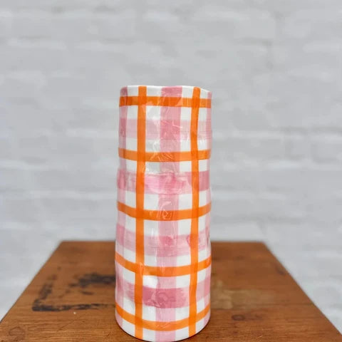 Pink & Orange Gingham Vase - Medium
