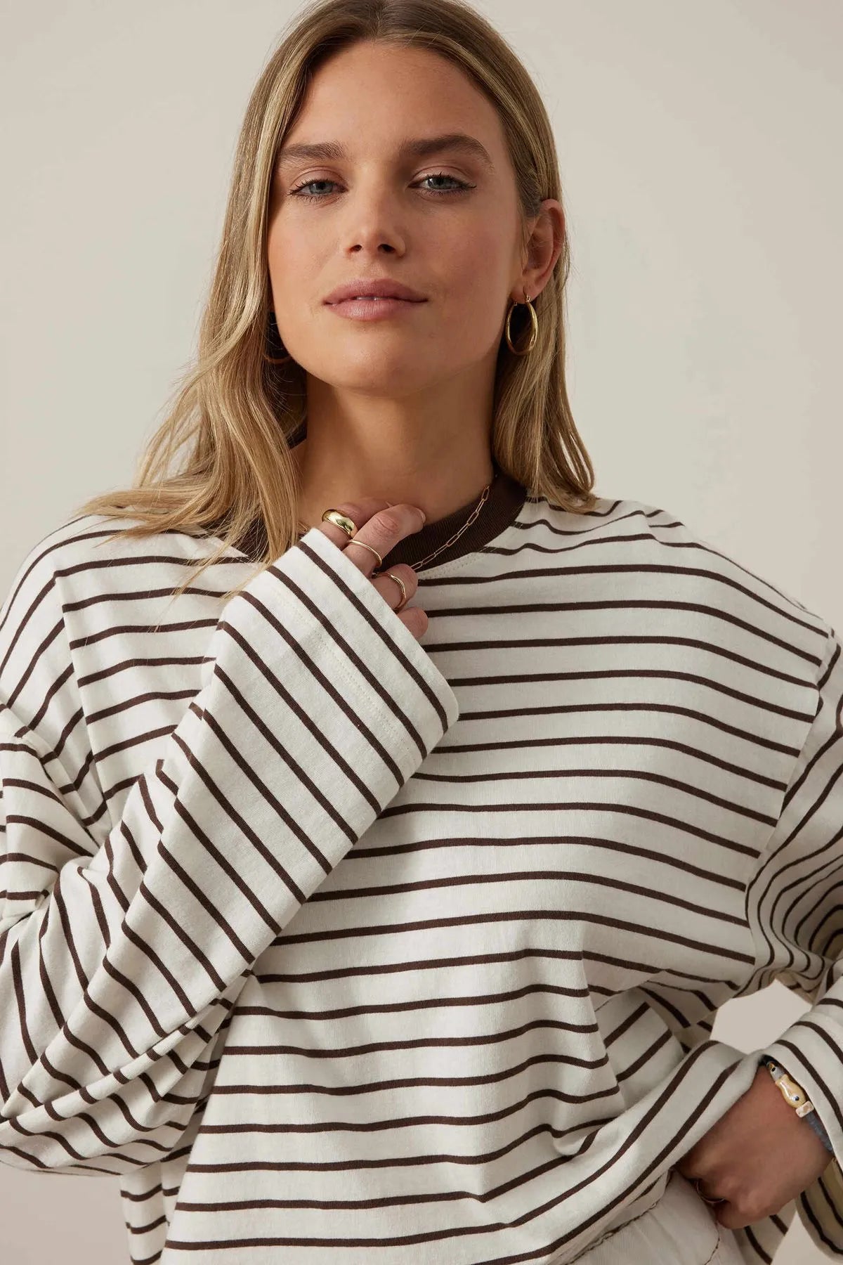 Beau Long Sleeve Slouchy Tee - Milk/Brunette Brown Stripe