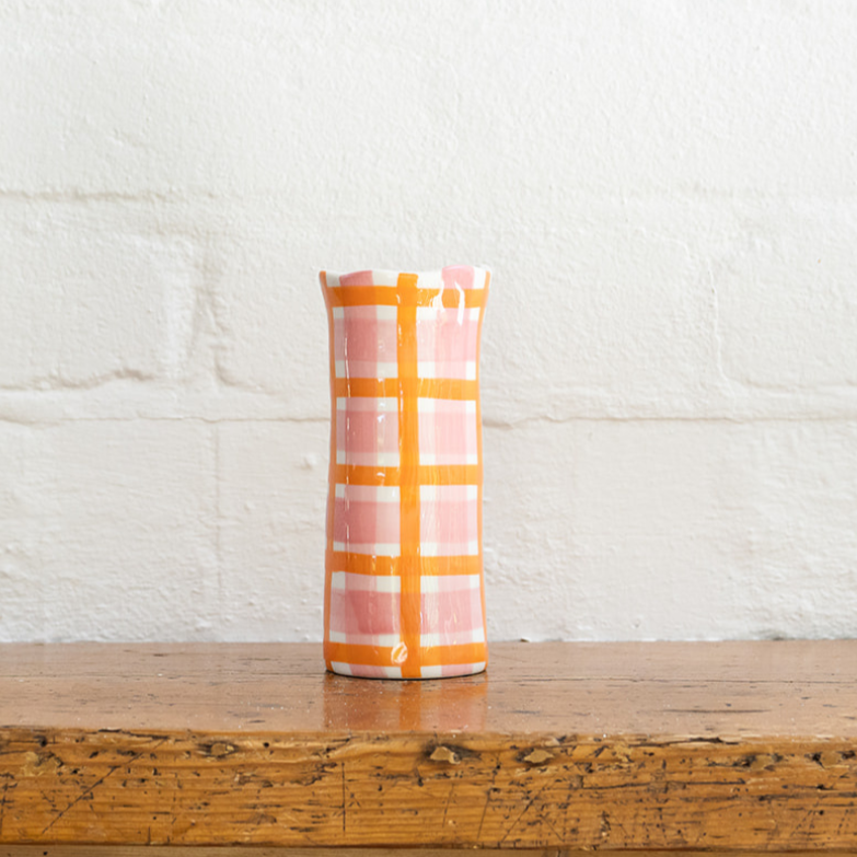 Pink & Orange Gingham Vase - Small