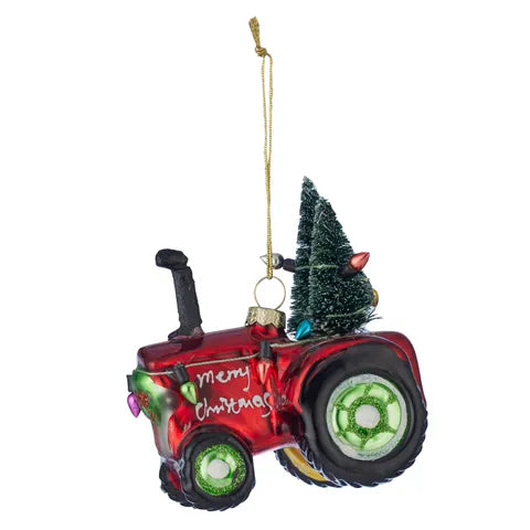 Red Tractor With Christmas Tree Ornament