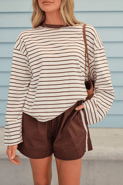 Beau Long Sleeve Slouchy Tee - Milk/Brunette Brown Stripe
