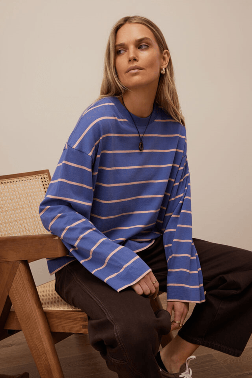 Beau Long Sleeve Slouchy Tee - Washed Navy/Pink Clay